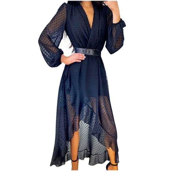 Women's Wrap V Neck Long Sleeve Pom Pom Ruffle Boho Dress Slit Flowy Summer Beach Dresses Cocktail Party Maxi Dress