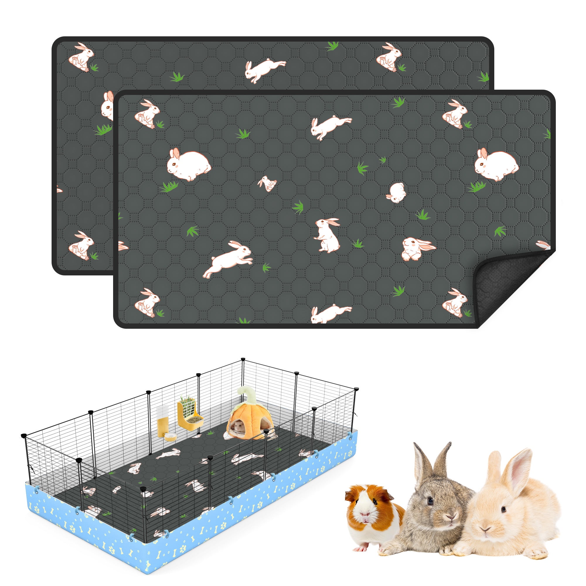 Guinea Pig Cage Liners Washable (2 Pack) - 47x24 Inch Waterproof & Absorbent Pee Pads | Reusable Fleece Bedding with Non-Slip Backing | Odor Control for Midwest & C&C Cages, Rabbits