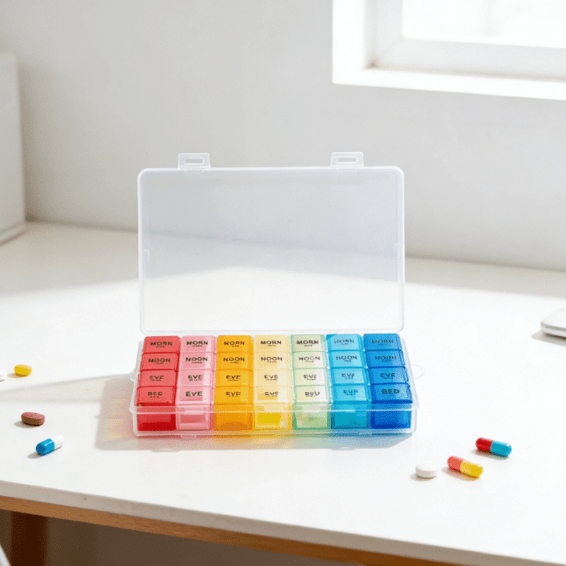 4 Pcs Weekly Pill Organizer 4 Times a Day, Large Capacity Rainbow Pill Boxes for Daily Use Adults, Moisture Proof Medicine Organizer with Compartments for Travel Home Storage