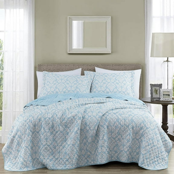 Chezmoi Collection Ivy Floral Medallion Quilt Set King Size, 3-Piece Blue/White Floral Printed Pre-Washed Reversible Microfiber Bedspread Set