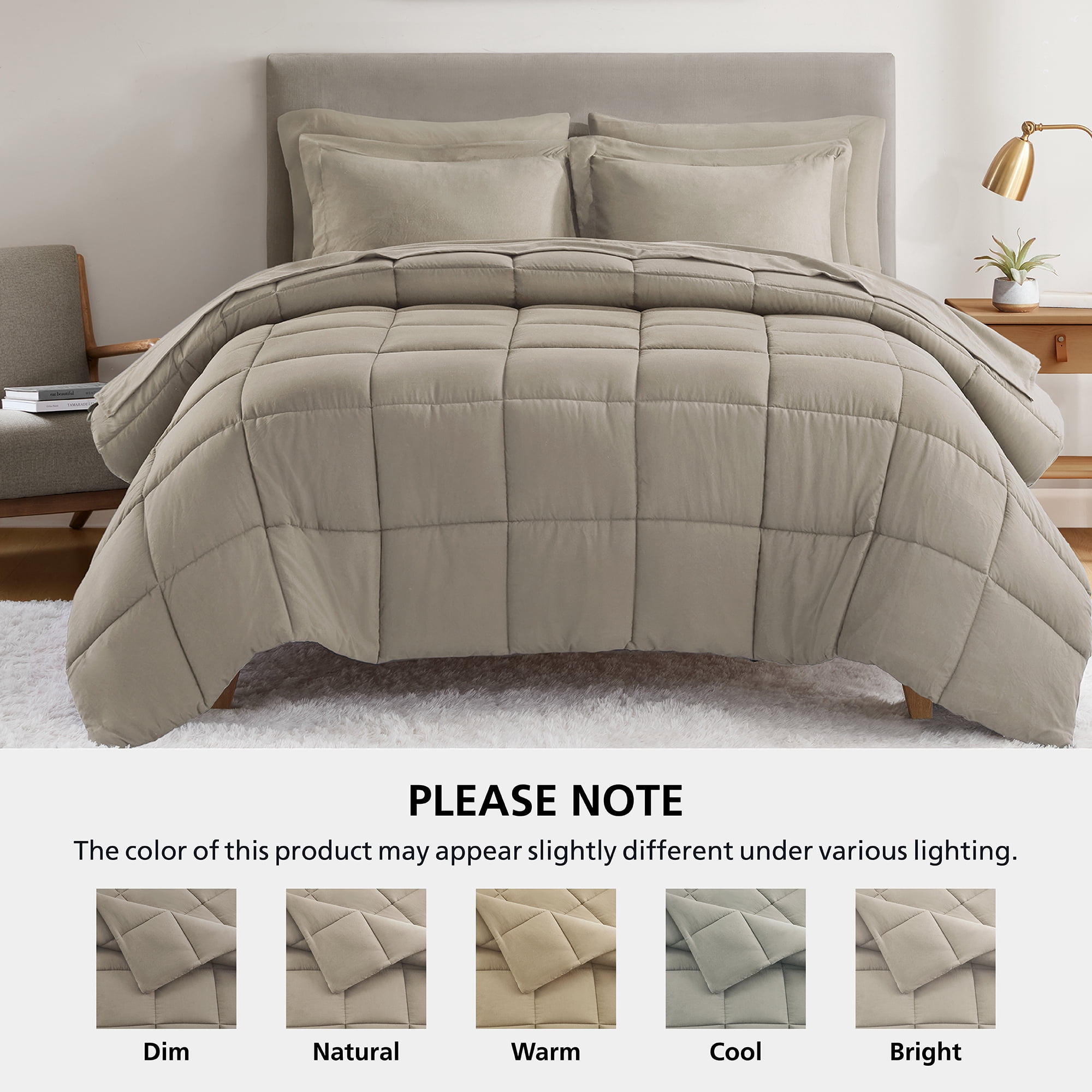 Mainstays All in One Down Alt Reversible Comforter and Sheet set- 7 Piece, King, Stone