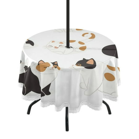 

60 Outdoor Round Tablecloth with Umbrella Hole & White Lace Trim Waterproof Patio Table Cover for Garden Kitchen Dining Chubby Cats