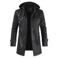 thumbnail image 2 of Brnmxoke Men's Trench Coat Casual PU Faux Leather Zip-Up Coat with Hood Motorcycle Bomber Jacket Mid Length Windbreaker Overcoat Black,XXL, 2 of 4