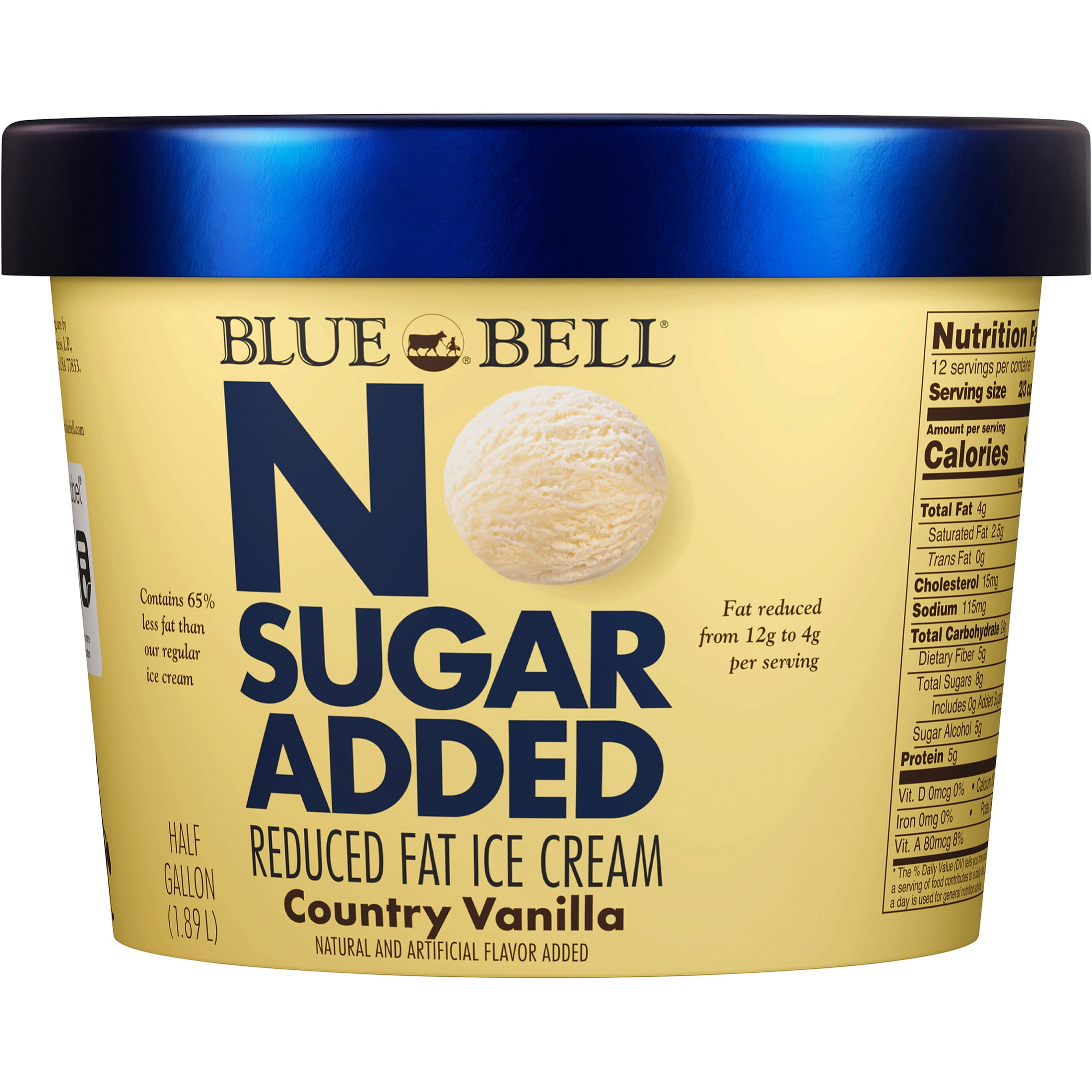 Blue Bell No Sugar Added Country Vanilla Reduced Fat Ice Cream Half Gallon, 64 fl oz