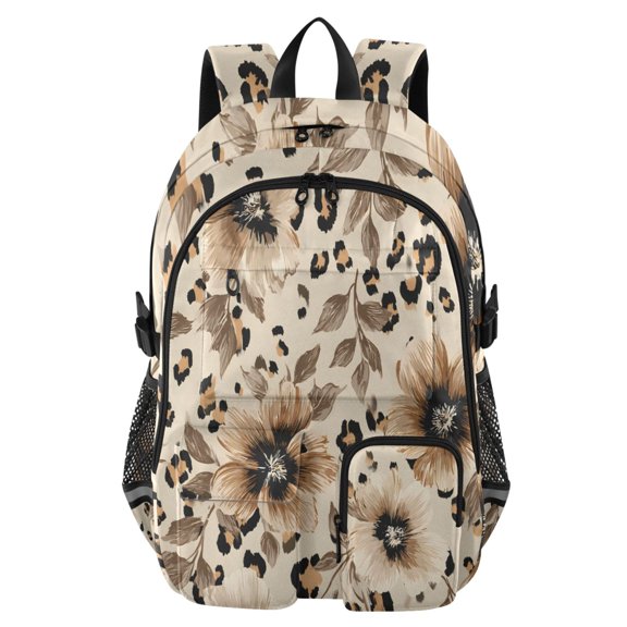 DIXRUYEE Leopard Print Flower Pattern Backpack for School 14”Laptop Compatible with Reflective Safety Strips