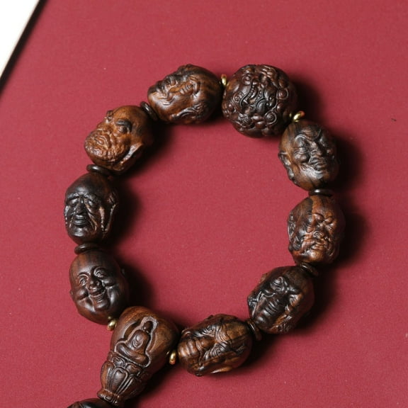 Agarwood Bracelet with Carved Eighteen Arhats Double Sided Beads Buddhist Prayer Jewelry for Men and Women