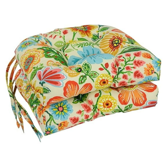 16-inch Rounded Back Tufted Outdoor Chair Cushion, 16 x 16, Gregoire Chamomile 2 Count