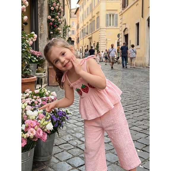 Lairauiy Toddler Girl Summer Outfits Ladybug/Strawberry Embroidery Smocked Cami Tops Elastic Waist Long Pants 2 Pcs Set