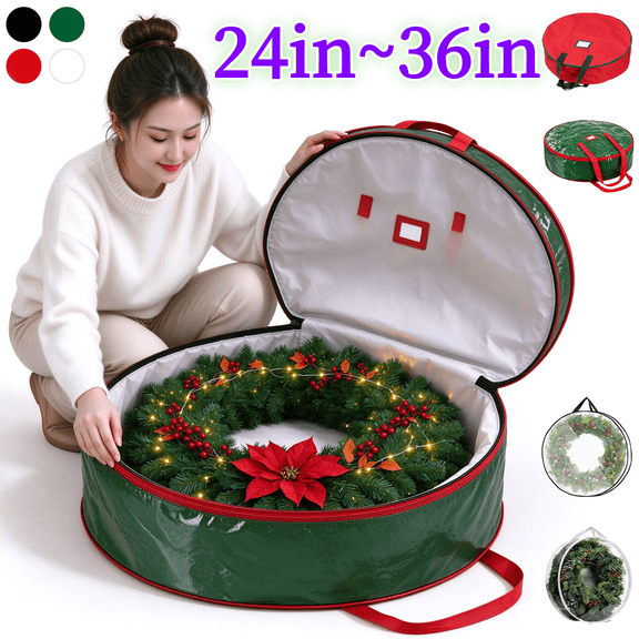 36in Wreath Storage Bag, Green Christmas Wreath Storage Container with Red Handle and Dual Zipper, Waterproof Tarp Wreath Organizer for Xmas Holiday Decor Organization - Akmoler