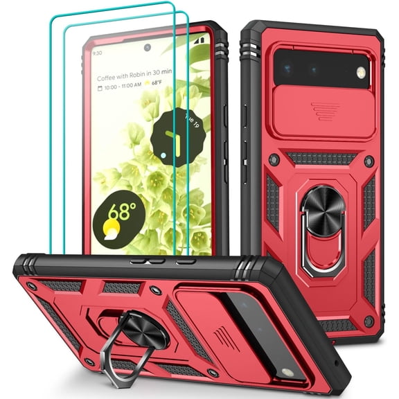 for Pixel 6 Case with Slide Camera Cover & Screen Protector (2 PCS), Google Pixel 6 Case Build in 360° Rotating Ring Kickstand, Military Grade Protective Case for Pixel 6 Phone Case, Red Black