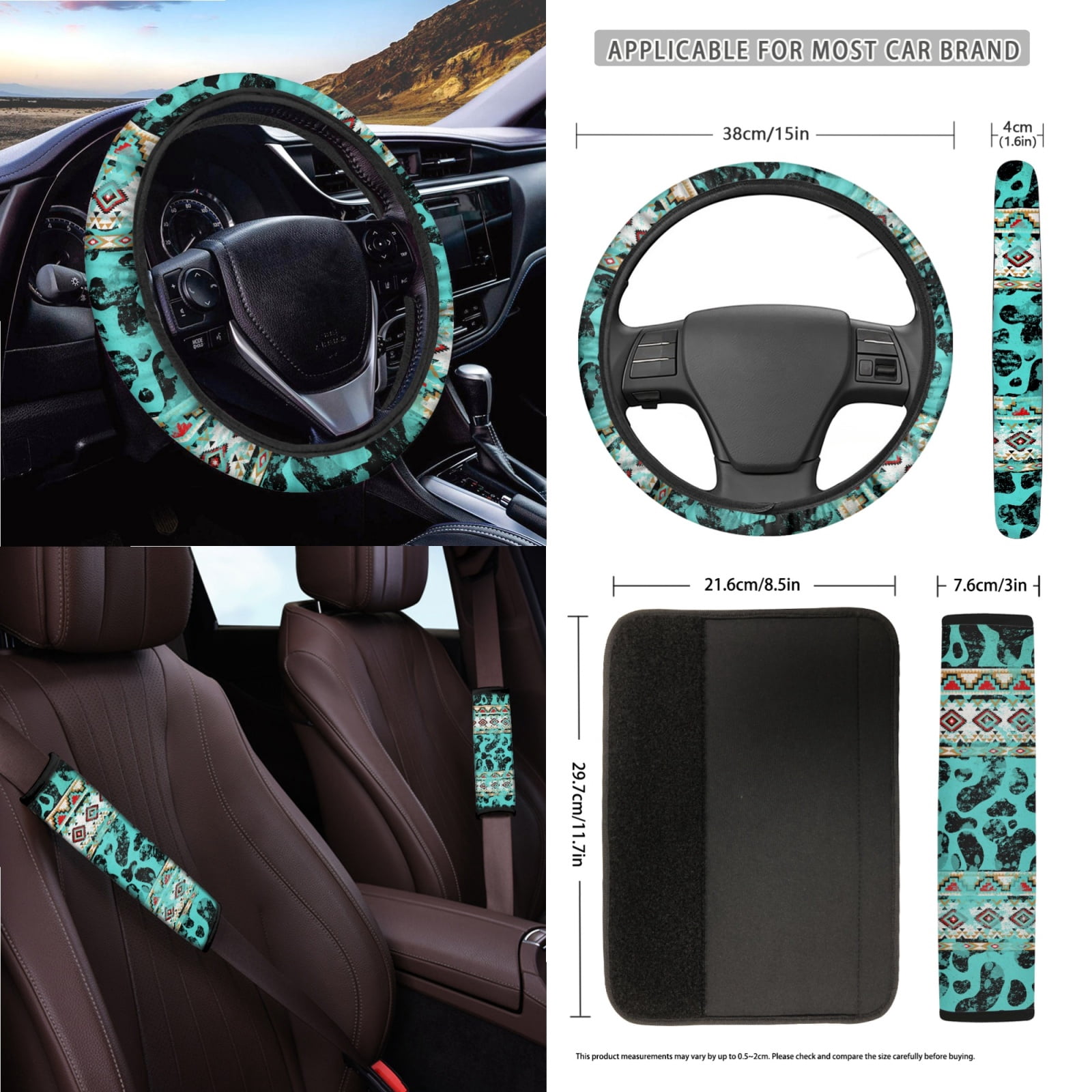 Garronmavis Aztec Cow Print 15 PCS Car Seat Cover Full Set 4 Pieces Car Seat Covers Steering Wheel Cover Keychain Car Trash Can Car Dash Accessories Auto Rear View Mirror Covers Cup Mats