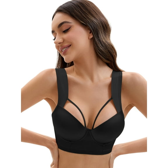 Unique Bargains Women's Push Up Adjustable Wide Straps Bras B 34 Black