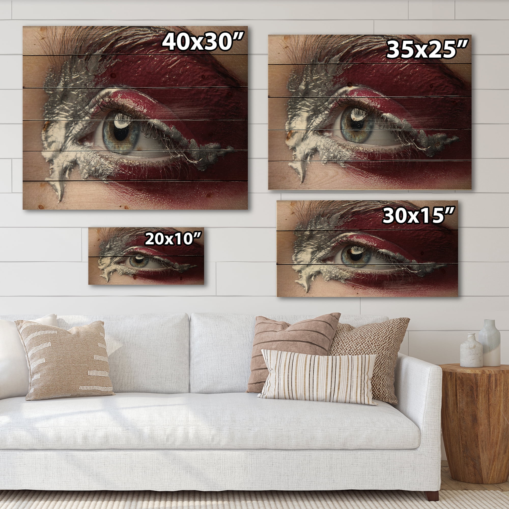 Designart 'Close Up of A Woman Eye With Red Makeup On' Modern Print on Natural Pine Wood