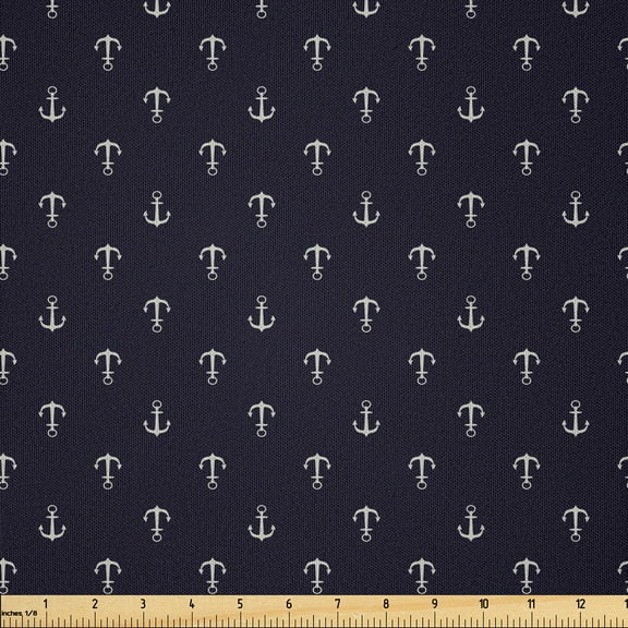 Ambesonne Nautical Fabric by the Yard Microfiber, Minimalist Anchors Pattern, 1 Yard, Dark Indigo Khaki