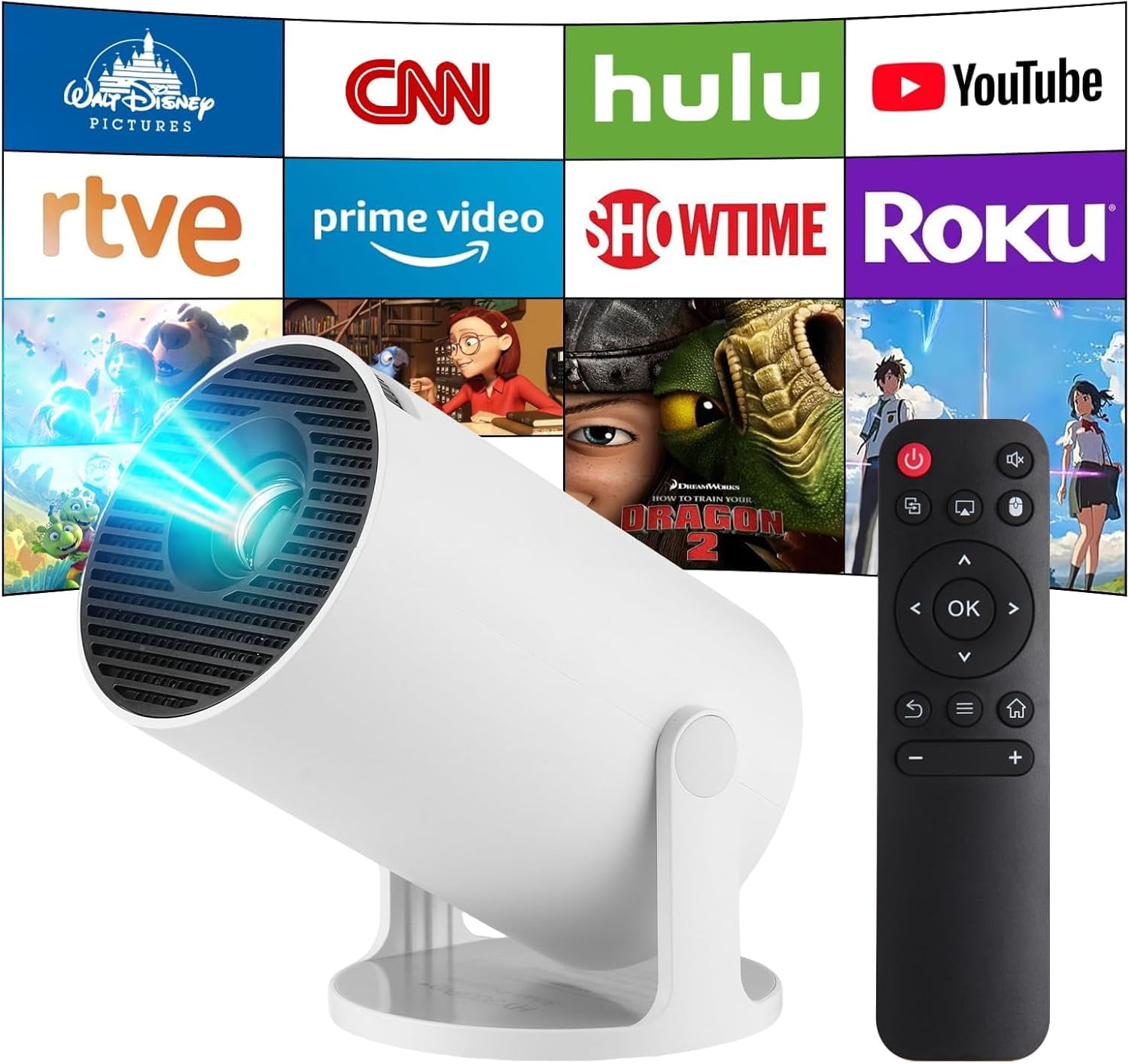 Projector, Upgraded  4K Projector with Wifi 6 and  5.4, Portable Projector with Android 14, Automatic  Correction, 180 Degree, 130 Inch Display (White)