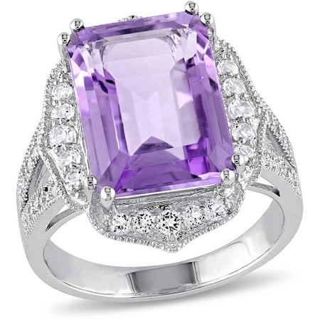 Tangelo 7-3/5 Carat T.G.W. Amethyst and White Topaz with 1/10 Carat T.W. Diamond Sterling Silver Halo Cocktail Ring