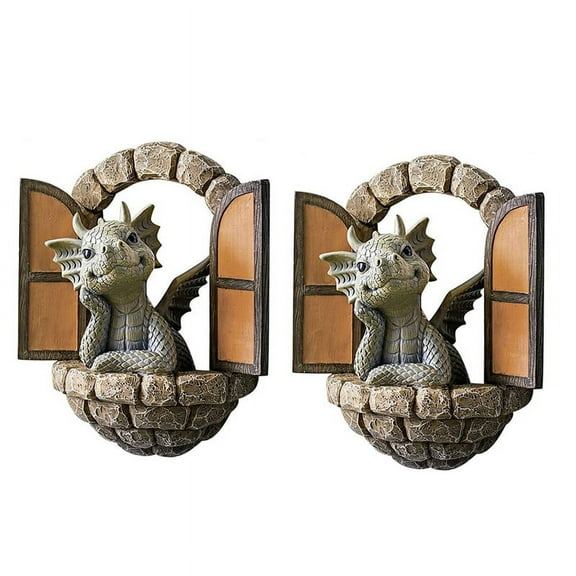 2PCS Garden Decor Wall Decoration Dragon Statues, Small Beautiful Yard Sculpture Resin W110