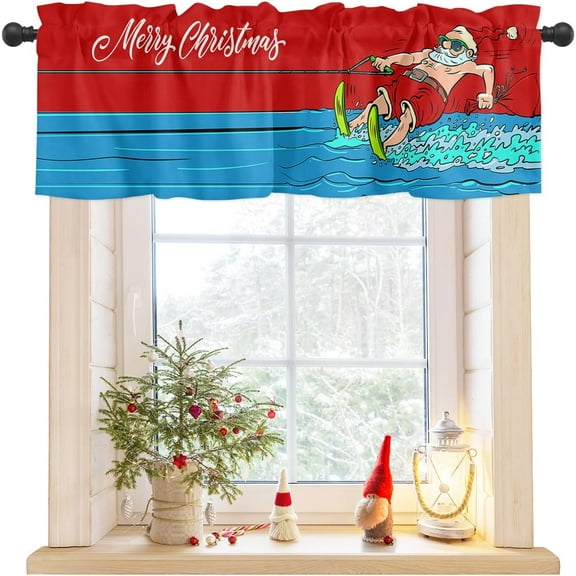 Senta Claus Surfing Christmas Kitchen Curtain Valance, Window Curtain Valance Rod Pocket, 1 Panel Valances Window Treatment for Living Room Bedroom Bathroom Cafe Xmas Decor (54x18 Merry Chrismas Red)