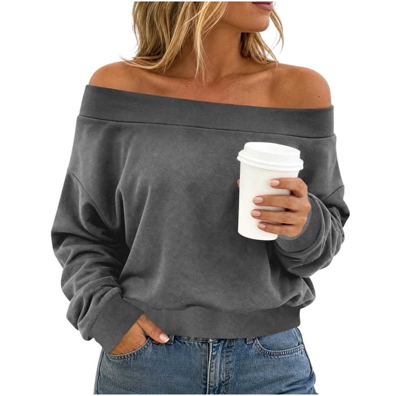jobturf Off The Shoulder Sweatshirt Women Loose Fit Long Sleeve Y2k Pullover Tops Spring Fall Lightweight Sweatshirts S-2XL