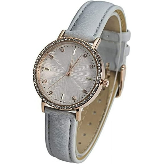 Blekon Collections Japanese Quartz Elegant Women's 34mm Case Patterned Dial Rhinestone Bezel Casual Leather Strap Watch