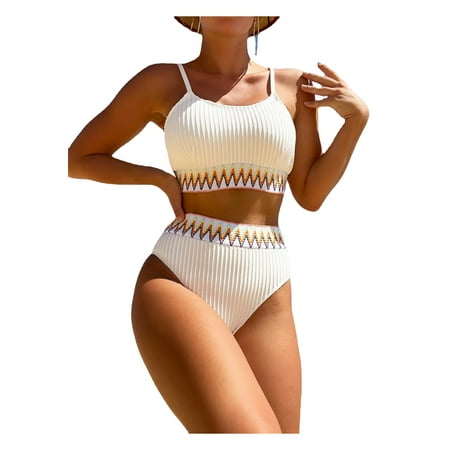 Kitem 2 Pcs/Set Women Swimsuit Set Elastic Quick Dry Soft Spaghett Strap Slim Fit Push Up High Waist Color Matching Bathing Suit Lady Beachwear Bikini Set (White L)
