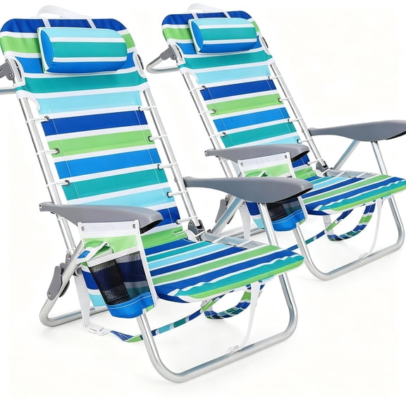GARVEE Backpack Beach Chair, Cup Holders & Headrest, Set of 2, 24.4 x 25.2 x 29.92",Ocean Striped