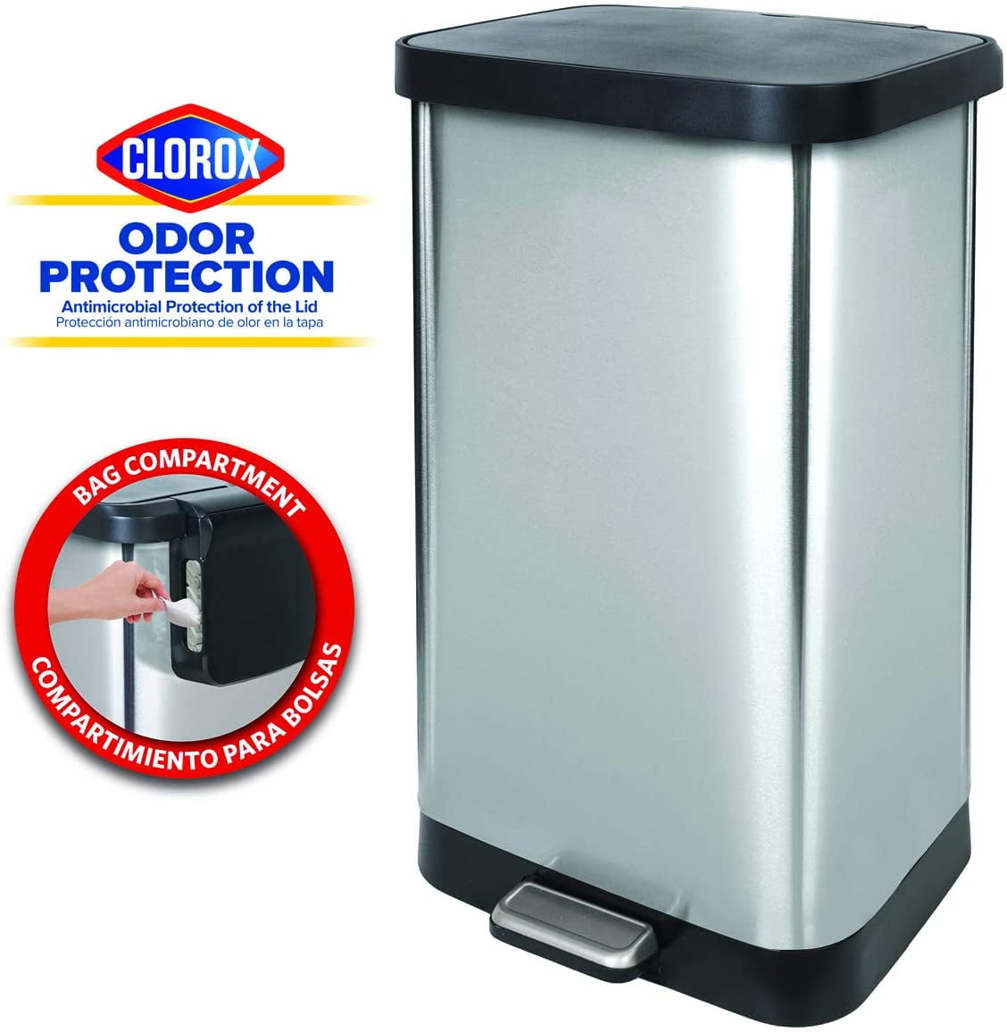 Glad Stainless Steel Step Trash Can With Clorox Odor Protection