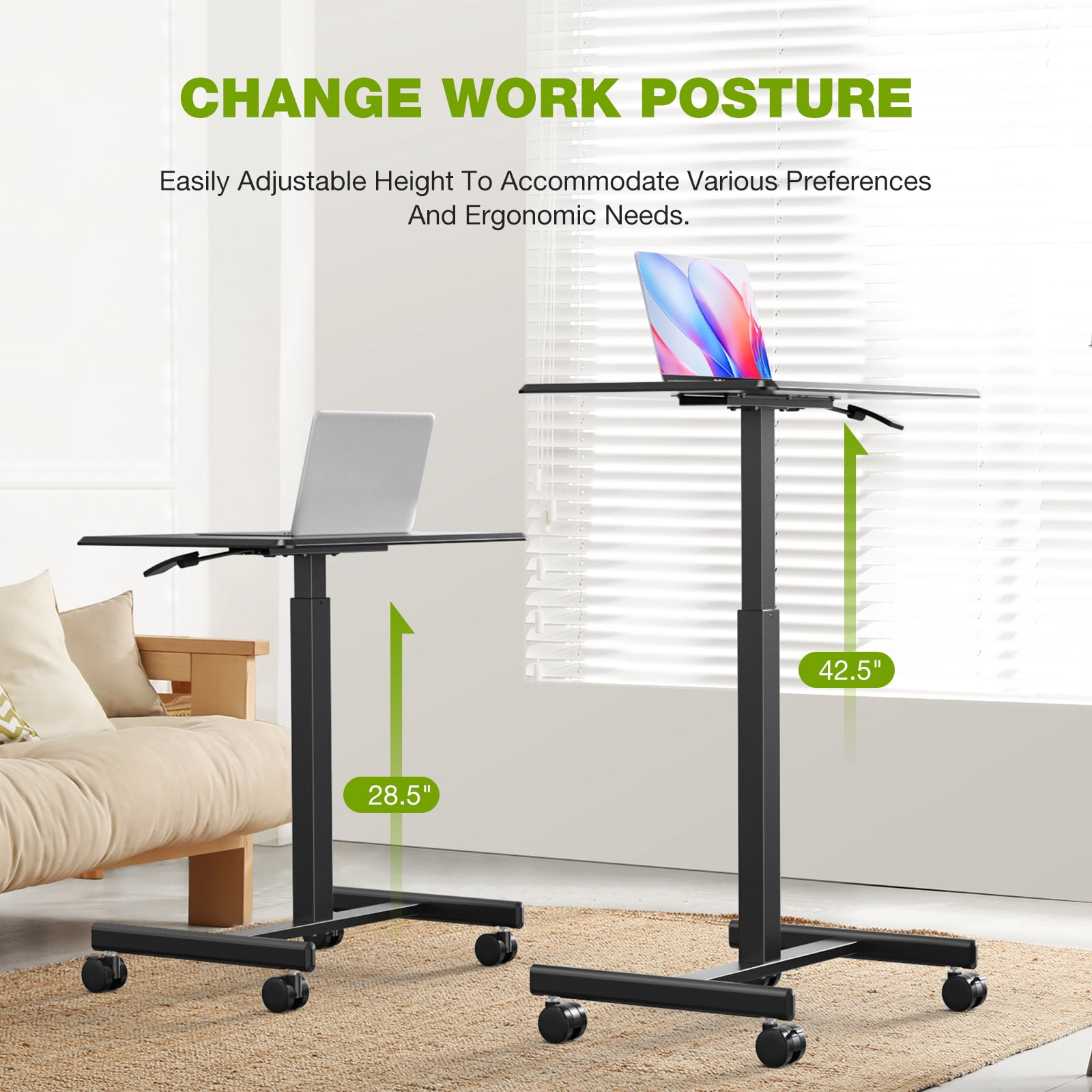 GIANNA Small Standing Desk & Chair, Mobile Portable Rolling Laptop Desk on Wheels, Adjustable Height Table for Home Office, 20 Inch