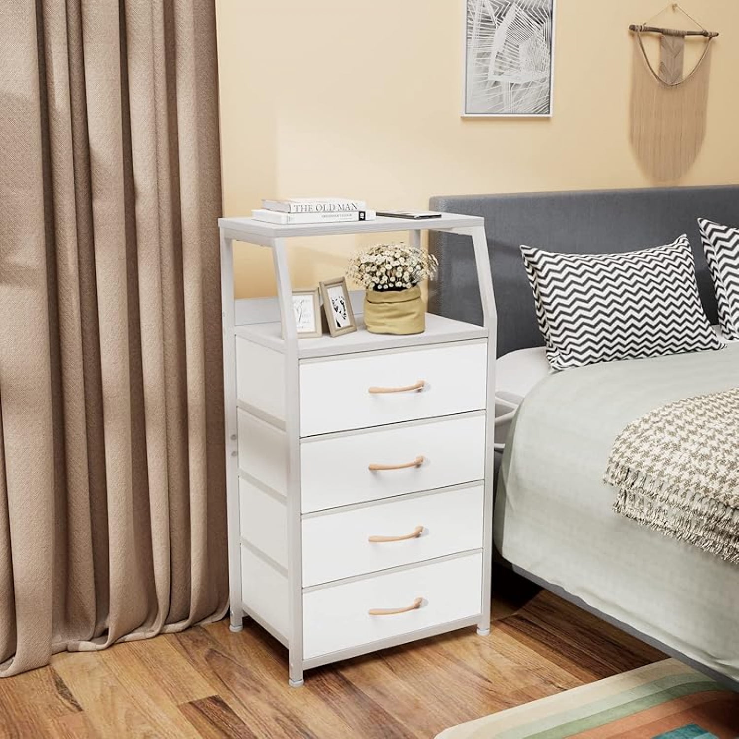 Tall 5 Drawers Dresser, Vertical Storage Tower for Bedroom, Hallway, Entryway, Nursery, Closet Organizer, Nightstand Bedside Table Furniture, Sturdy Steel Frame, Wood Top