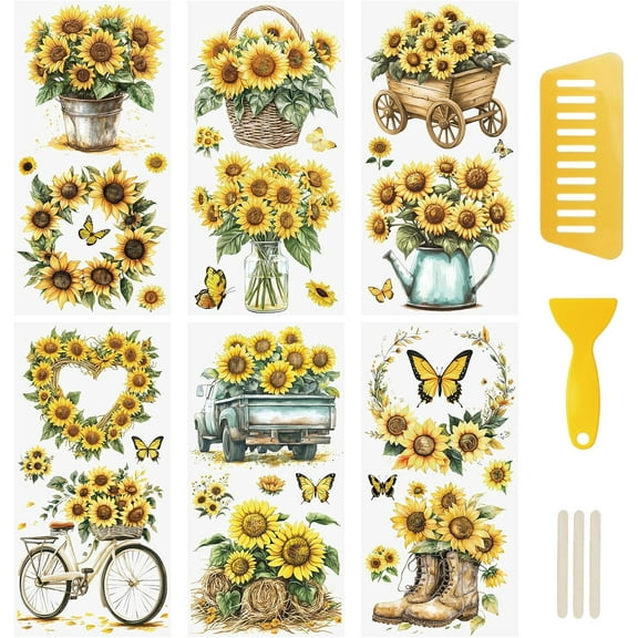 6PCS Rub On Transfer Sticker, Sunflower Theme Transfer Decals for DIY Scrapbooking Photo Albums Furniture Envelope 11.8 * 5.9in
