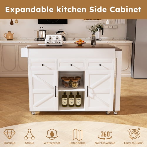 Kitchen Island with Extendable Table, Rolling Kitchen Cart with Storage, Mobile Prep Station with Power Outlet and Wheels, White
