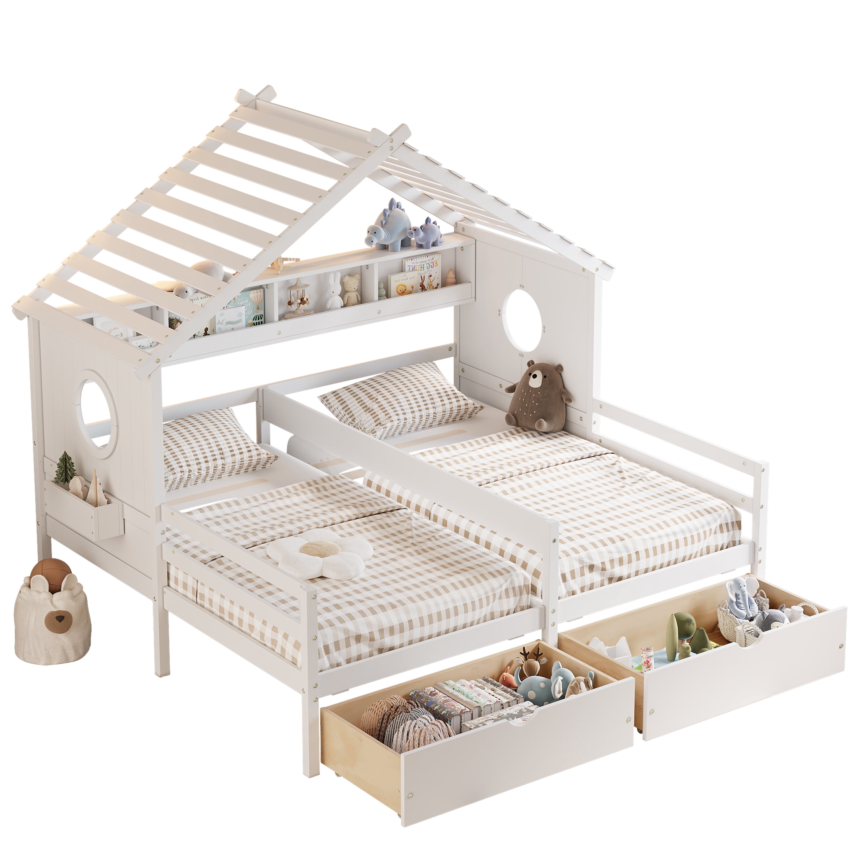 Euroco Wood Twin Size Platform Bed, Side by Side 2 Beds in 1 with Storage Shelves and Drawers, White