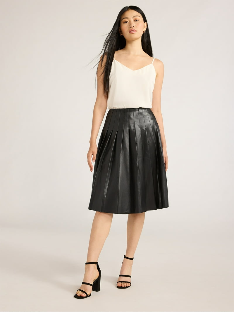 Scoop Women's Faux Leather Pleated Midi Skirt, Sizes XS-XXL