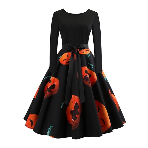 Vestido De Columpio De Fiesta Con Lazo Y Estampado De Calabaza De Halloween Vintage Para Mujer (Naranja M) Tmvgtek Mujer