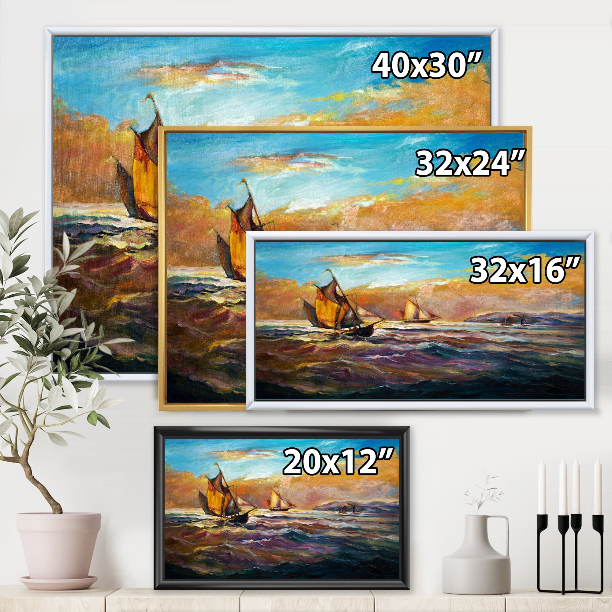 Boats During Evening Sunset In The Ocean II 32 in x 24 in Framed Painting Canvas Art Print, by Designart