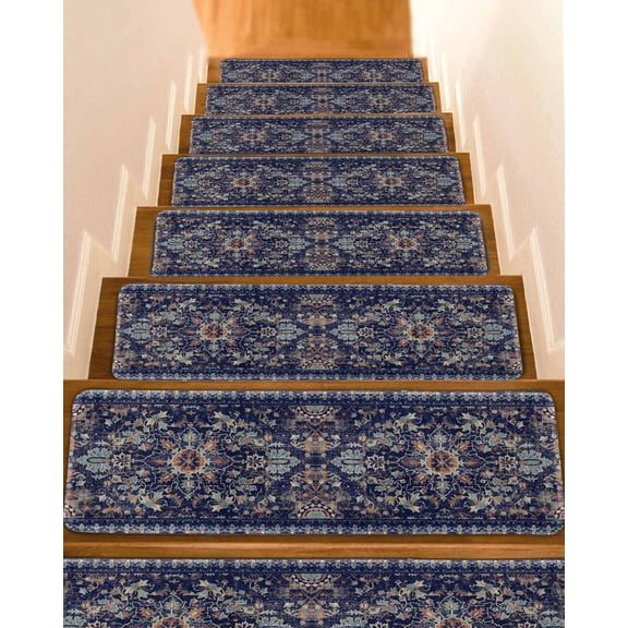Stair Treads for Wooden Steps, Navy Blue Boho Peel and Stick Stair Treads with Adhesive, Abstract Art Ethnic Vintage Geometric Non Slip Indoor Stairs Runner Rugs Mats for Elders Dogs 8"x30"15PCS