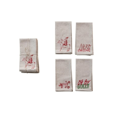 Creative Co-Op Cotton Christmas Napkins with Embroidered Sayings, Multicolor, Set of 4