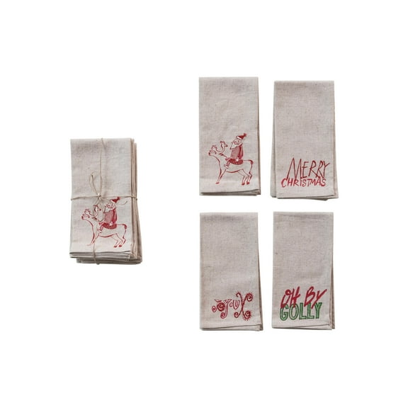 Creative Co-Op Cotton Christmas Napkins with Embroidered Sayings, Multicolor, Set of 4