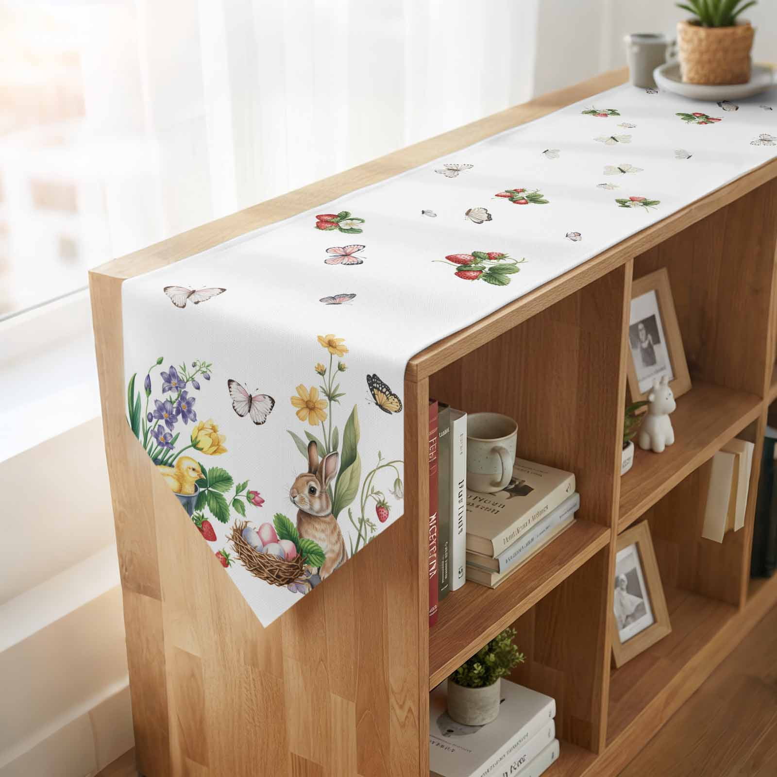 Spring Easter Table Runner Linen Burlap Table Runner 108 Inches Long Country Bunny Chick Floral Butterflies Watercolor Dresser Scarves for Kitchen Island Coffee Dining Party Holiday Decor 13"x108"
