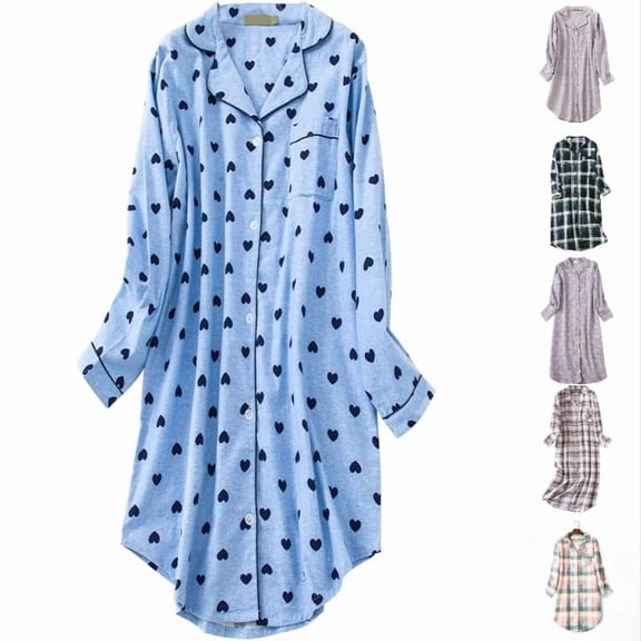 Krdevn Women's Long Cotton Nightgown, Button‑Down Lapel Long Sleeve Plus Size Sleep Dress for Fall Winter Loungewear,Sky Blue