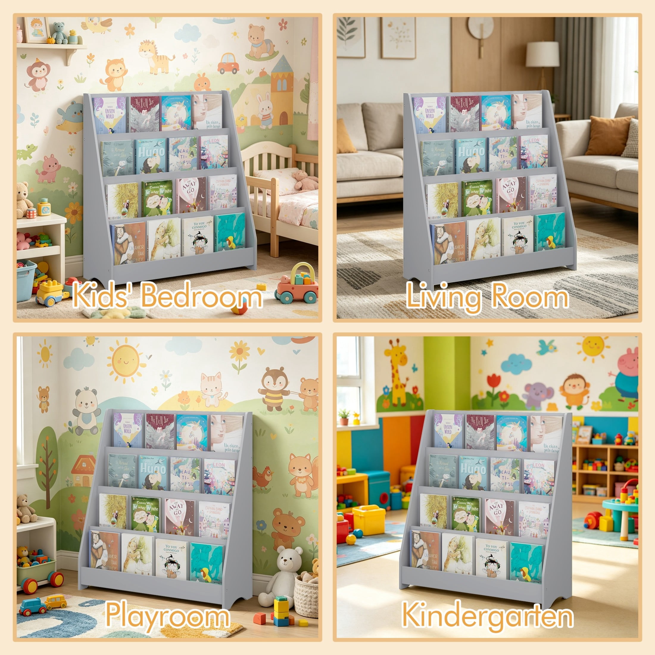 Noble House Aldo 4-Tier Kids Display Bookshelf, Wooden Toddler Book Organizer, for Kids Room, Gray