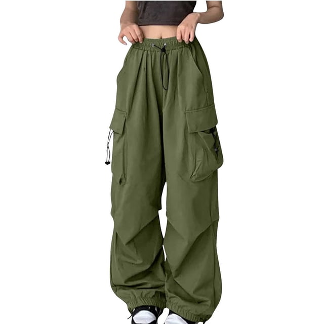 Yuyuzo Cargo Pants for Women High Waisted Elastic Drawstring Wide Leg Straight Lightweight Pants with Pockets
