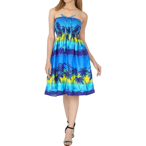 HAPPY BAY Women's Summer Boho Beach Backless Smocked Mini Swing Dress Tube Top Strapless Dresses for Women One Size Blue, Palm Tree
