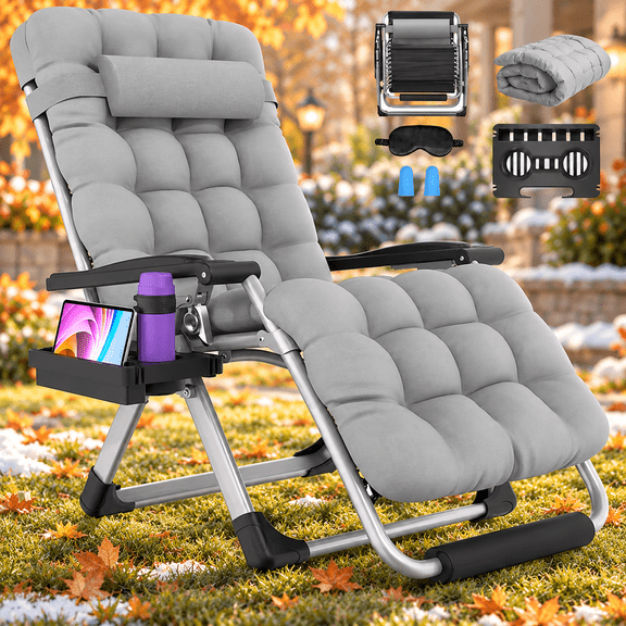 DKMOCO Padded Zero Gravity Chair 29in Wide Lawn Chairs XL Patio Chairs Plastic w/ Cup Holder For Outdoor Office Gray