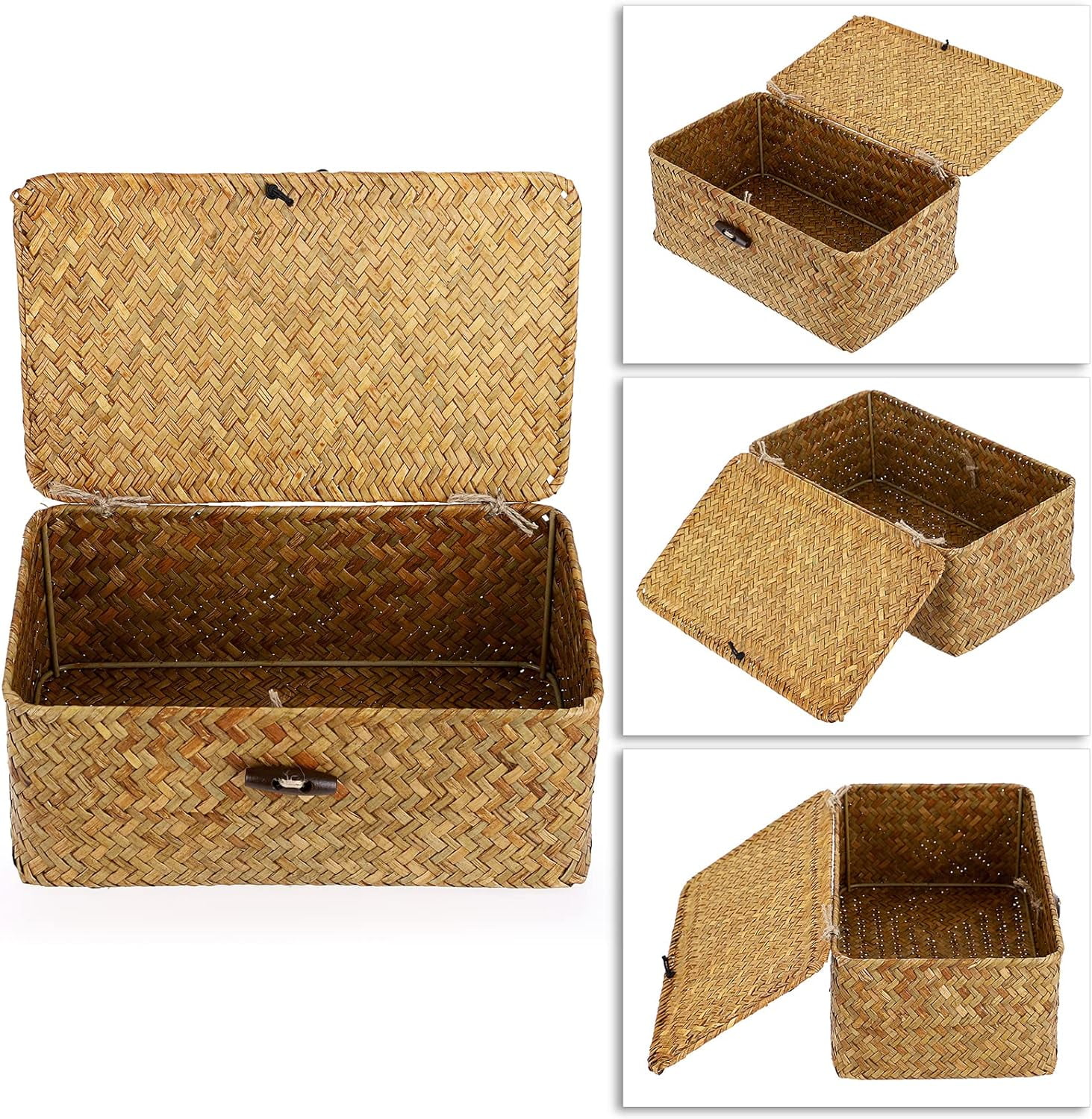Wicker Storage Bins with Lid, 12.6inch Wicker Storage Baskets for Organizing, Rectangular Household Organizer Boxes,Woven Shelf Organizer Bins Home Utility Organizer Box for Home & Office Supplies