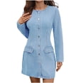 thumbnail image 1 of Vestido Largo de Manga Larga para las Mujeres Color Sólido Botón de Cuello Redondo Vestido de Vaquero de Moda Casual Vestido de Vaquero de Manga Larga para las Mujeres, 1 of 9