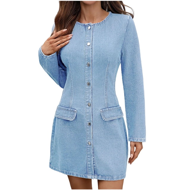Vestido Largo de Manga Larga para las Mujeres Color Sólido Botón de Cuello Redondo Vestido de Vaquero de Moda Casual Vestido de Vaquero de Manga Larga para las Mujeres