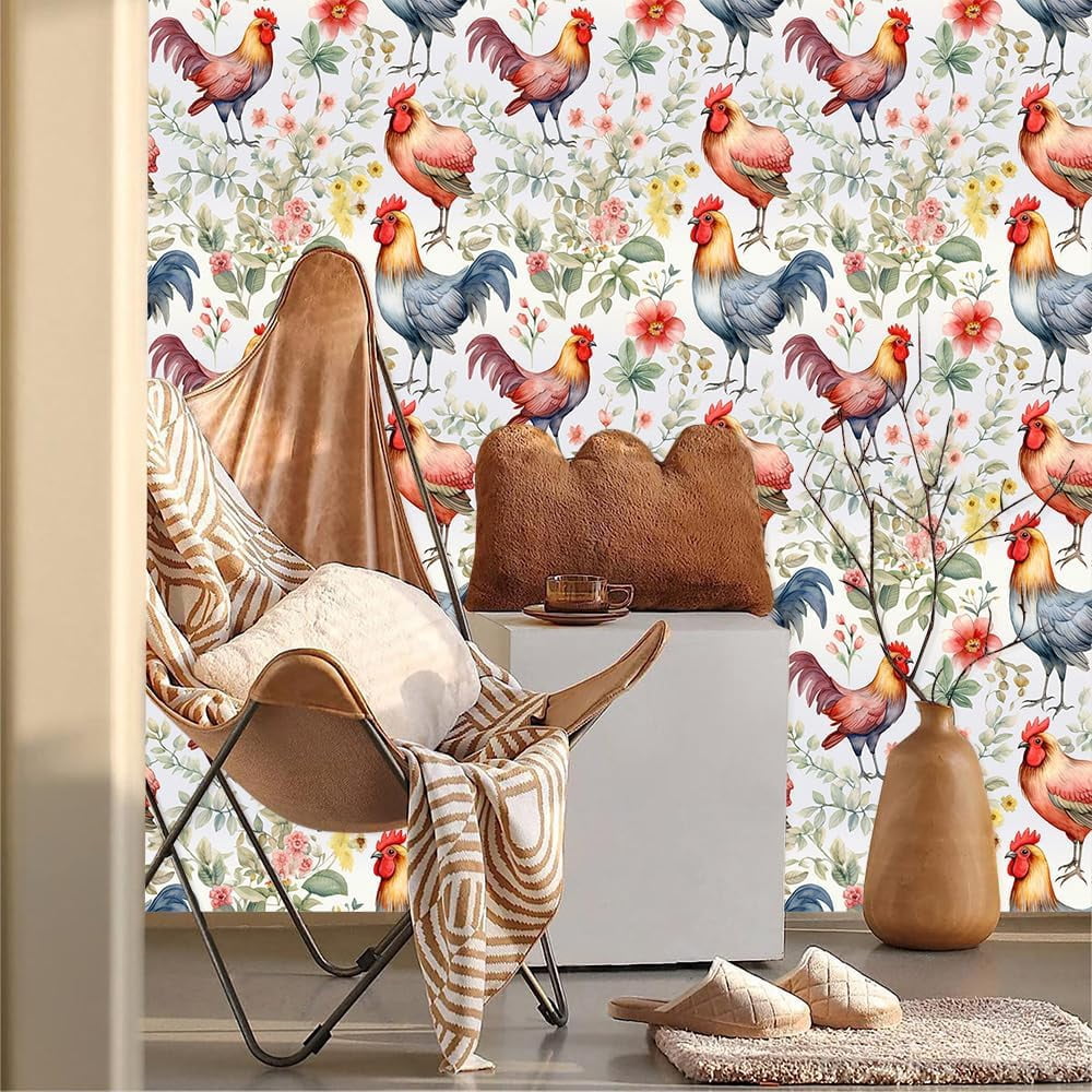 Rustic Watercolor Flowers Red Yellow Pink Rooster Farm Peel and Stick Wallpaper Contact Paper Vintage Vinyl Stick on Wall Paper for Bedroom Bathroom Kitchen Cabinet Renter Friendly