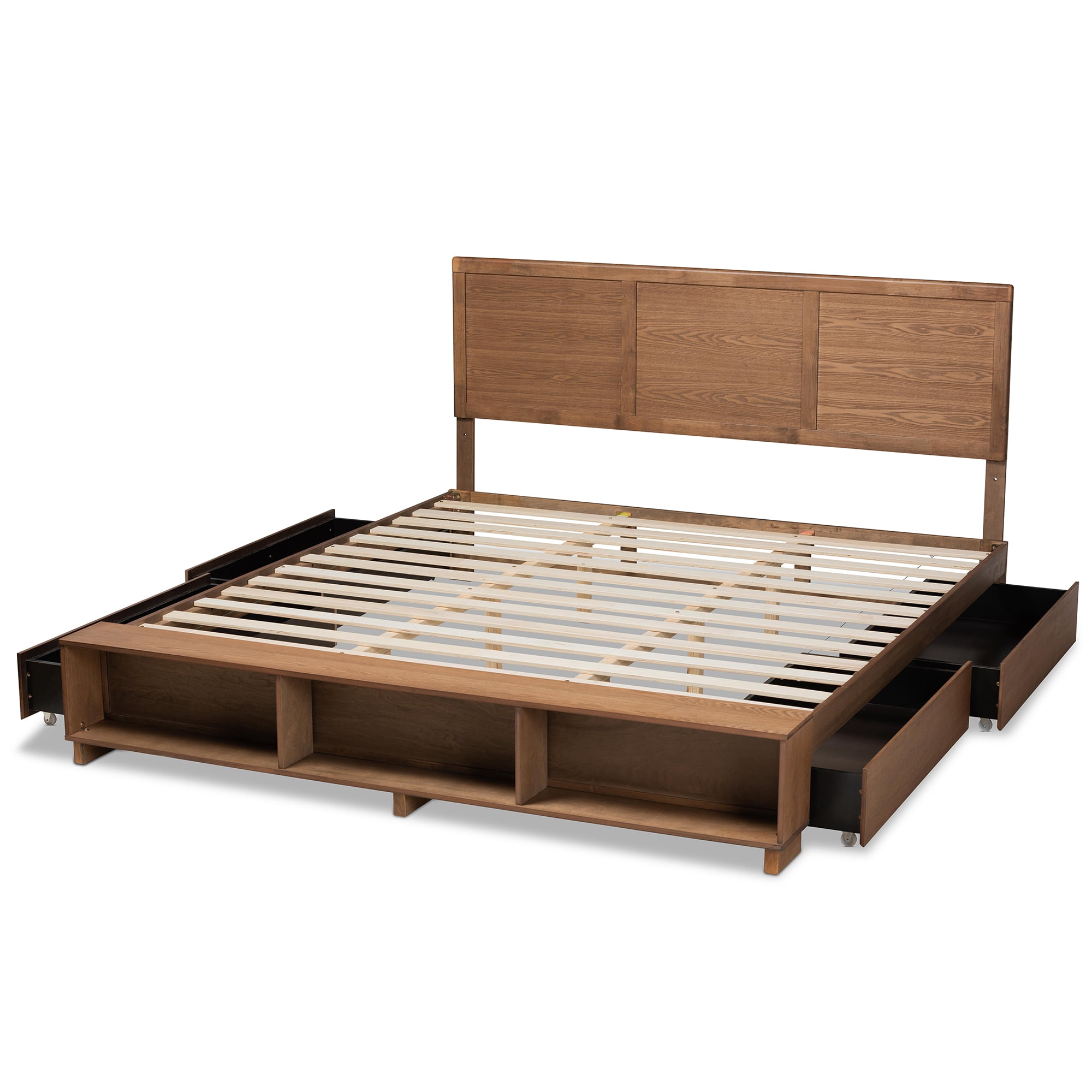 Baxton Studio Tamsin Modern Transitional Ash Walnut Brown Finished Wood King Size 4-Drawer Platform Storage Bed with Built-In Shelves