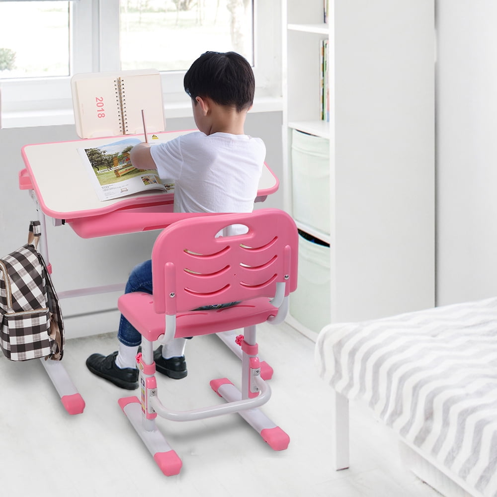 Kepooman Lifting Children Desk, Can Tilt Learning Table and Chairs Set with Reading Stand, Pink Kepooman Lifting Children Desk, Can Tilt Learning Table and Chairs Set with Reading Stand, Pink
